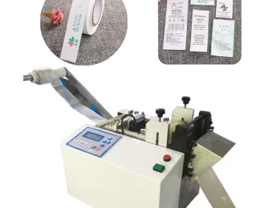 this is an automatic label cutting machine with electronic eye for accurate location cut in clothing manufacturing industries.