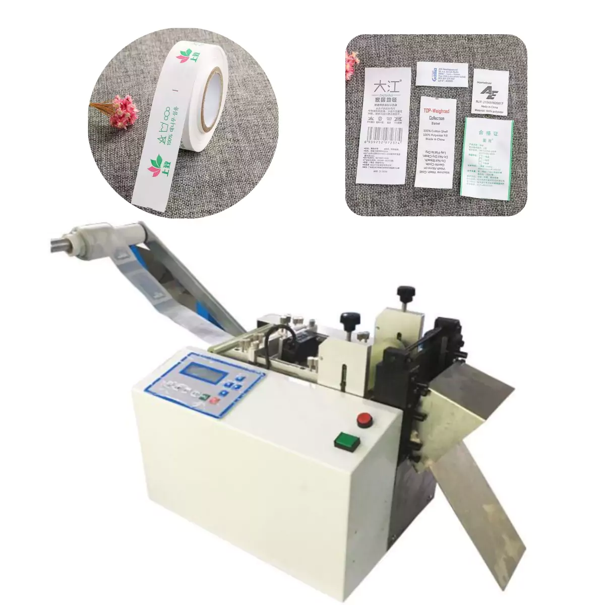 this is an automatic label cutting machine with electronic eye for accurate location cut in clothing manufacturing industries.