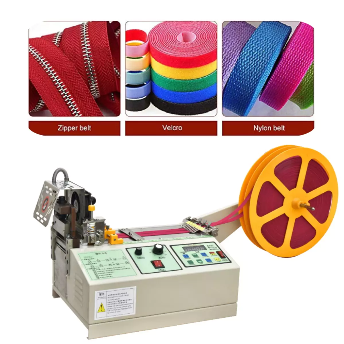 this is automatic ribbon cutter which can be also cut zipper, webbing and so on soft texitles.