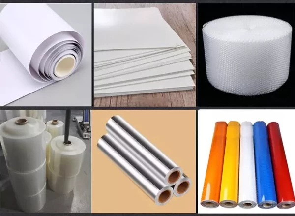 aluminum foil vinyl sheet and some flex thin materials that can be cut by roll to sheet cutting machine.