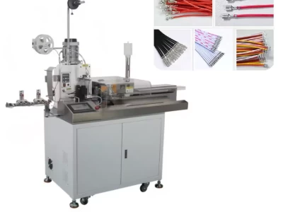 this is automatic ribbon cable crimping machine which can cut strip and crimp ribbon cable in wire harness processing.