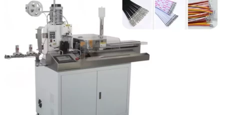 this is automatic ribbon cable crimping machine which can cut strip and crimp ribbon cable in wire harness processing.