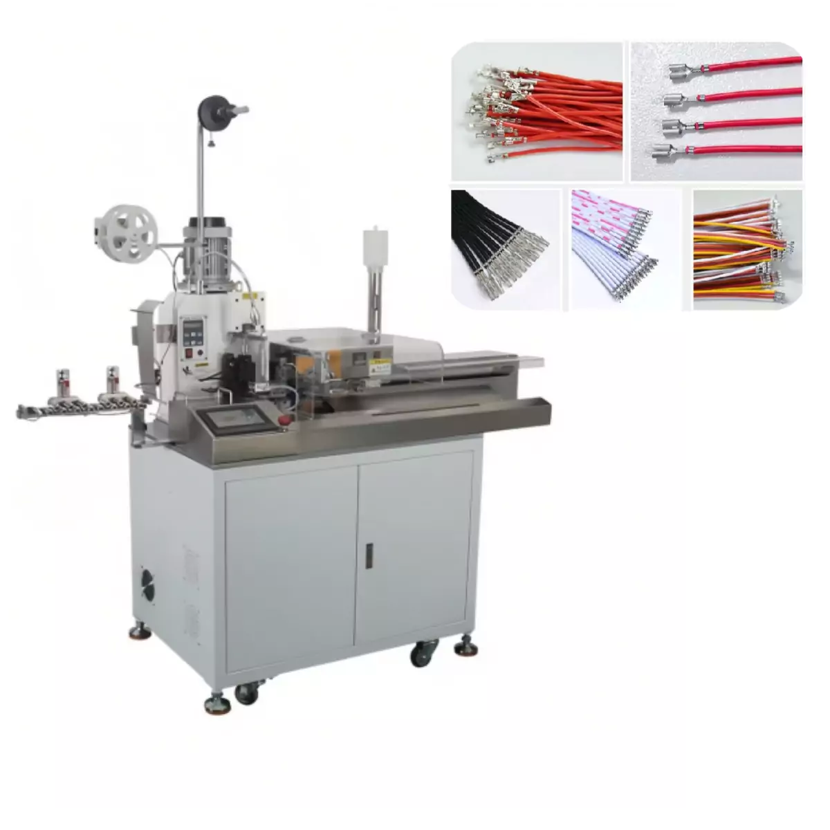 this is automatic ribbon cable crimping machine which can cut strip and crimp ribbon cable in wire harness processing.