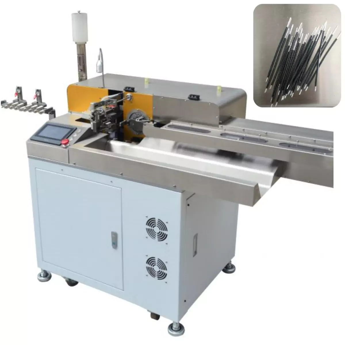 this is automatic wire cutting stripping twisting tinning machine which is used in wire harness processing industries.