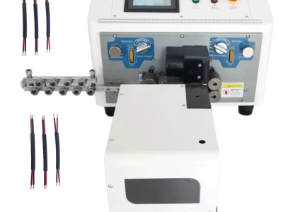 this is an automatic wire stripping machine specialized for cutting stripping twisting the sheath and cores of twin flat cable.