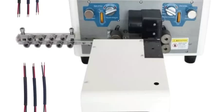 this is an automatic wire stripping machine specialized for cutting stripping twisting the sheath and cores of twin flat cable.