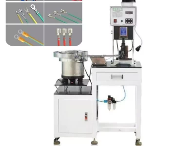 This is a wire crimping machine specialized for loose terminal by automatic vibratory feeding system in wire harness processing.