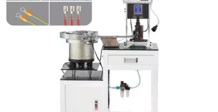 This is a wire crimping machine specialized for loose terminal by automatic vibratory feeding system in wire harness processing.