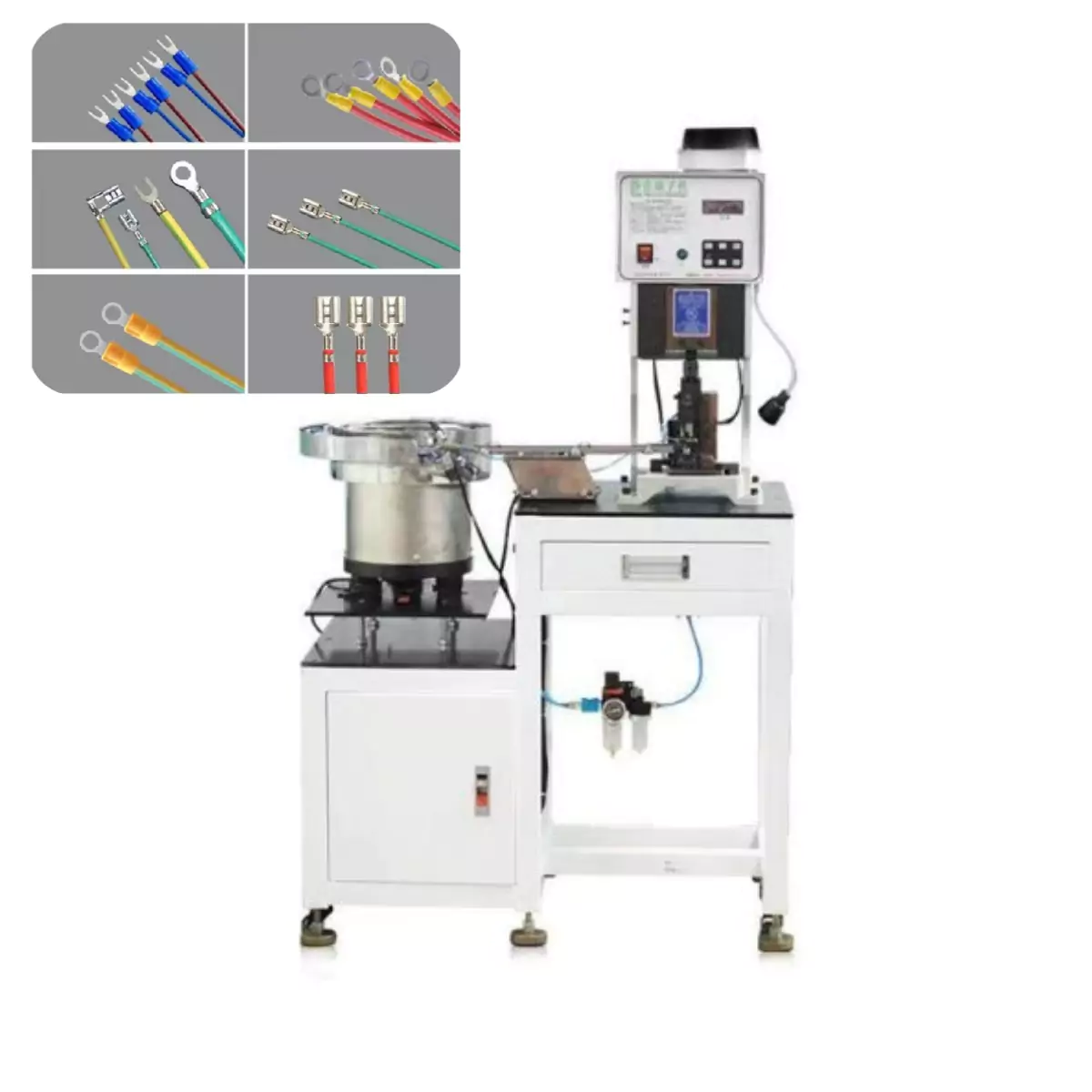 This is a wire crimping machine specialized for loose terminal by automatic vibratory feeding system in wire harness processing.