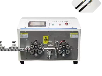 This is an automatic power cable cutting stripping machine which can strip sheath and cores simultaneously in wire harness processing.