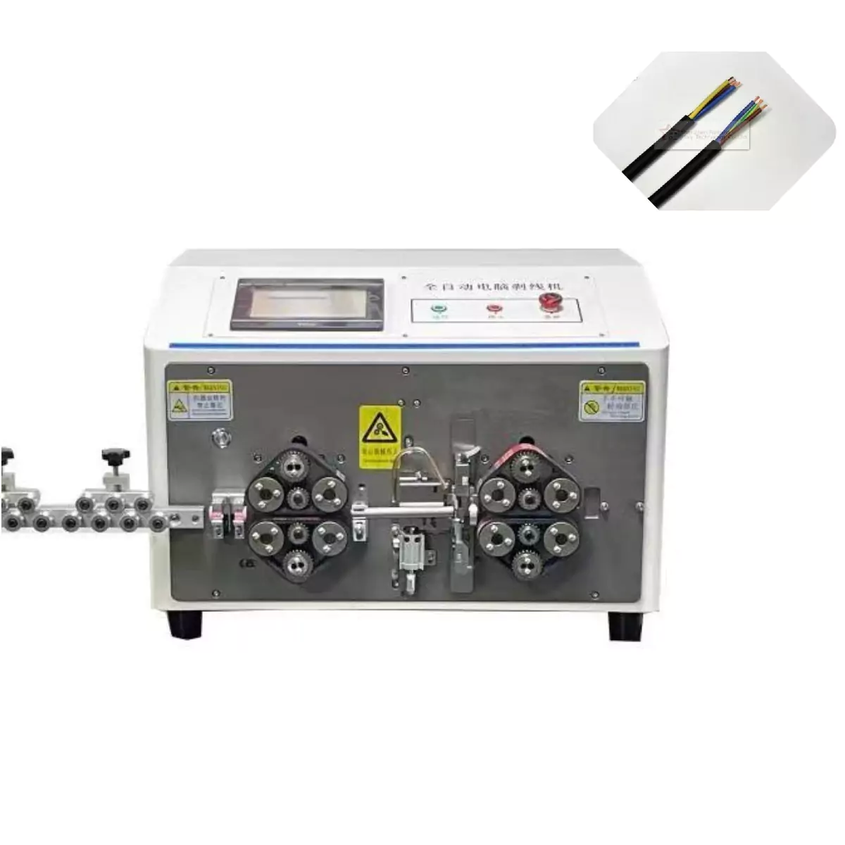 This is an automatic power cable cutting stripping machine which can strip sheath and cores simultaneously in wire harness processing.