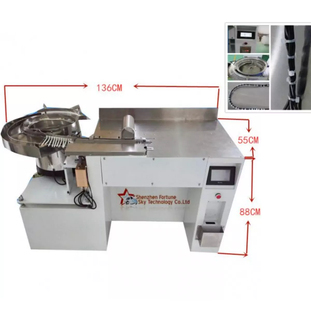 this is vibratory feeding cable tie machine which is used for tying cable in wire harness processing.