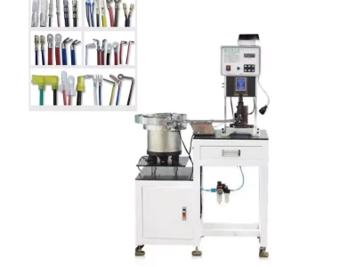 this is vibratory feeding wire crimping machine which is used in crimping loose terminal by auto-feeding in wire harness processing.