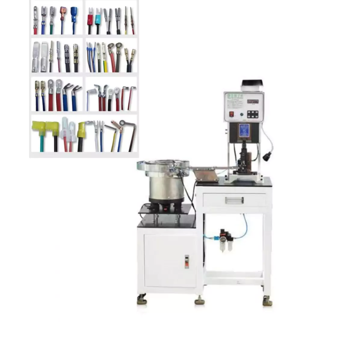 this is vibratory feeding wire crimping machine which is used in crimping loose terminal by auto-feeding in wire harness processing.