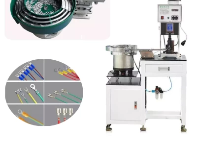 this is vibratory feeding terminal crimping machine mainly used to crimp non-chained terminals in wire harness processing.