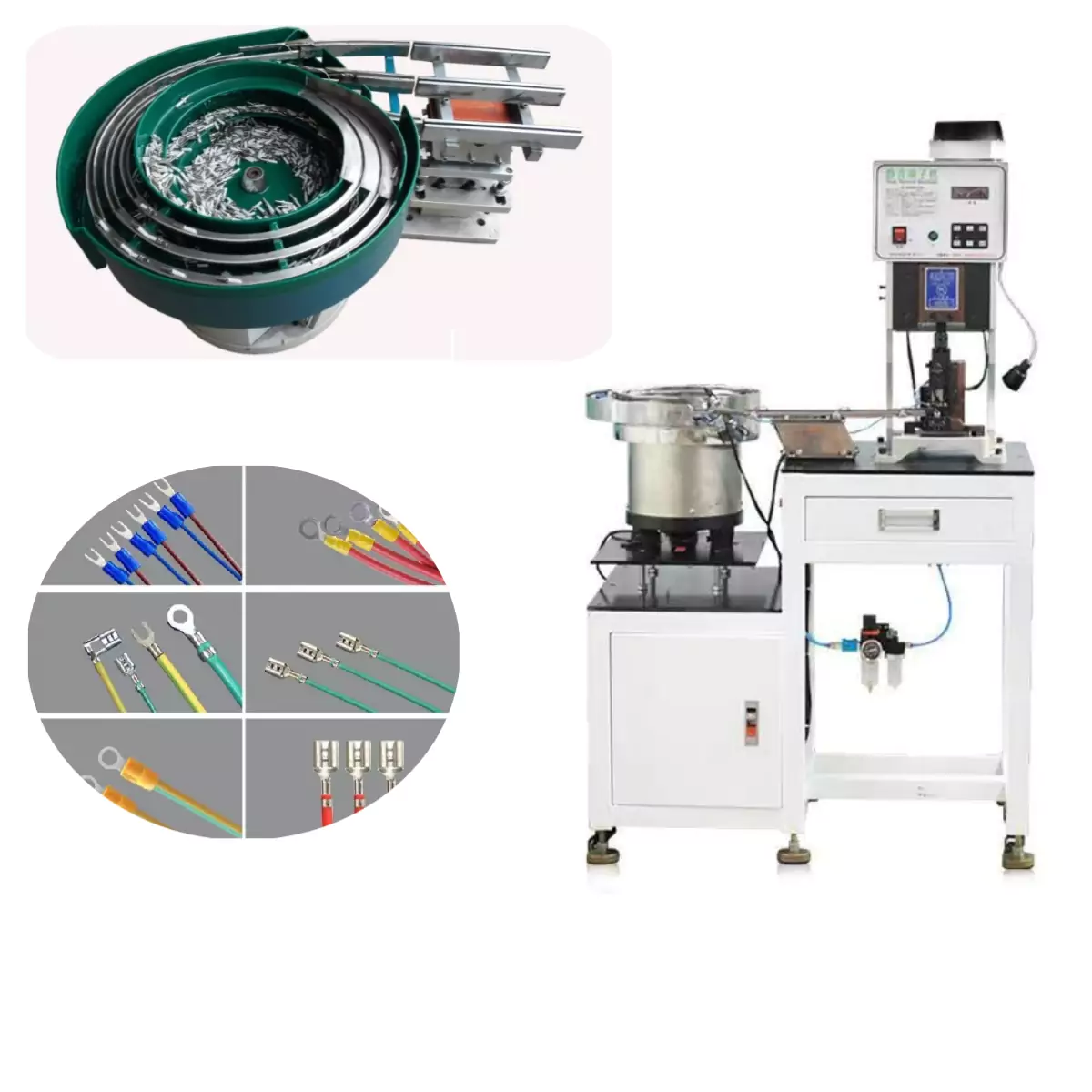 this is vibratory feeding terminal crimping machine mainly used to crimp non-chained terminals in wire harness processing.