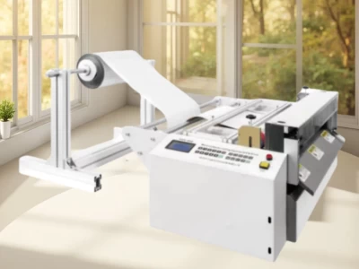 This automatic aluminum foil cutting machine is versatile for cutting flexible and thin materials.