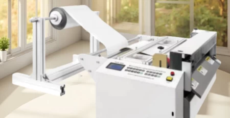 This automatic aluminum foil cutting machine is versatile for cutting flexible and thin materials.