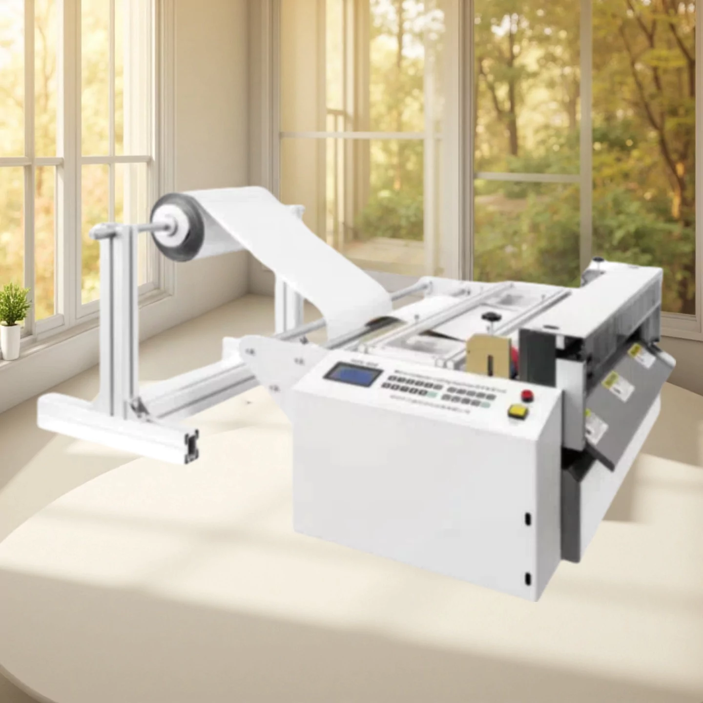 This automatic aluminum foil cutting machine is versatile for cutting flexible and thin materials.