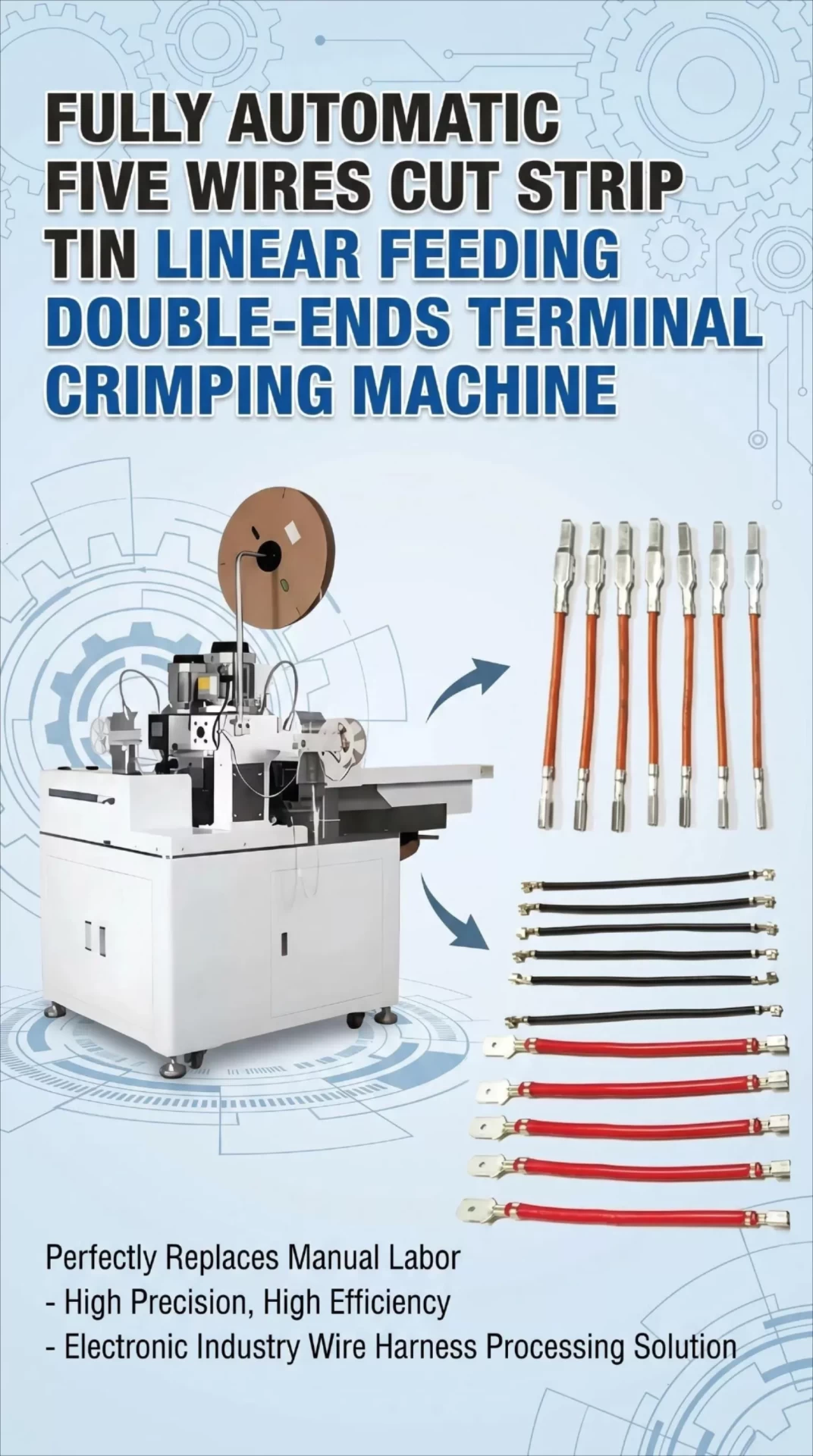 This Fully Automatic Five Wires Cut Strip Tin Linear Feeding Double-Ends Terminal Crimping Machine is widely used in electronic manufacturing industries for wireharness.